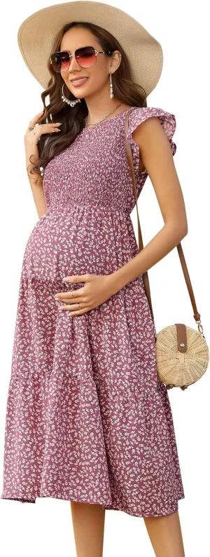 Maternity Dress Spring Women's Maternity Dresses A Line Sweetheart Neck Ruffle Flowy Mini Boho Maternity Dress for Wedding Guest Pink Floral#GL Large
