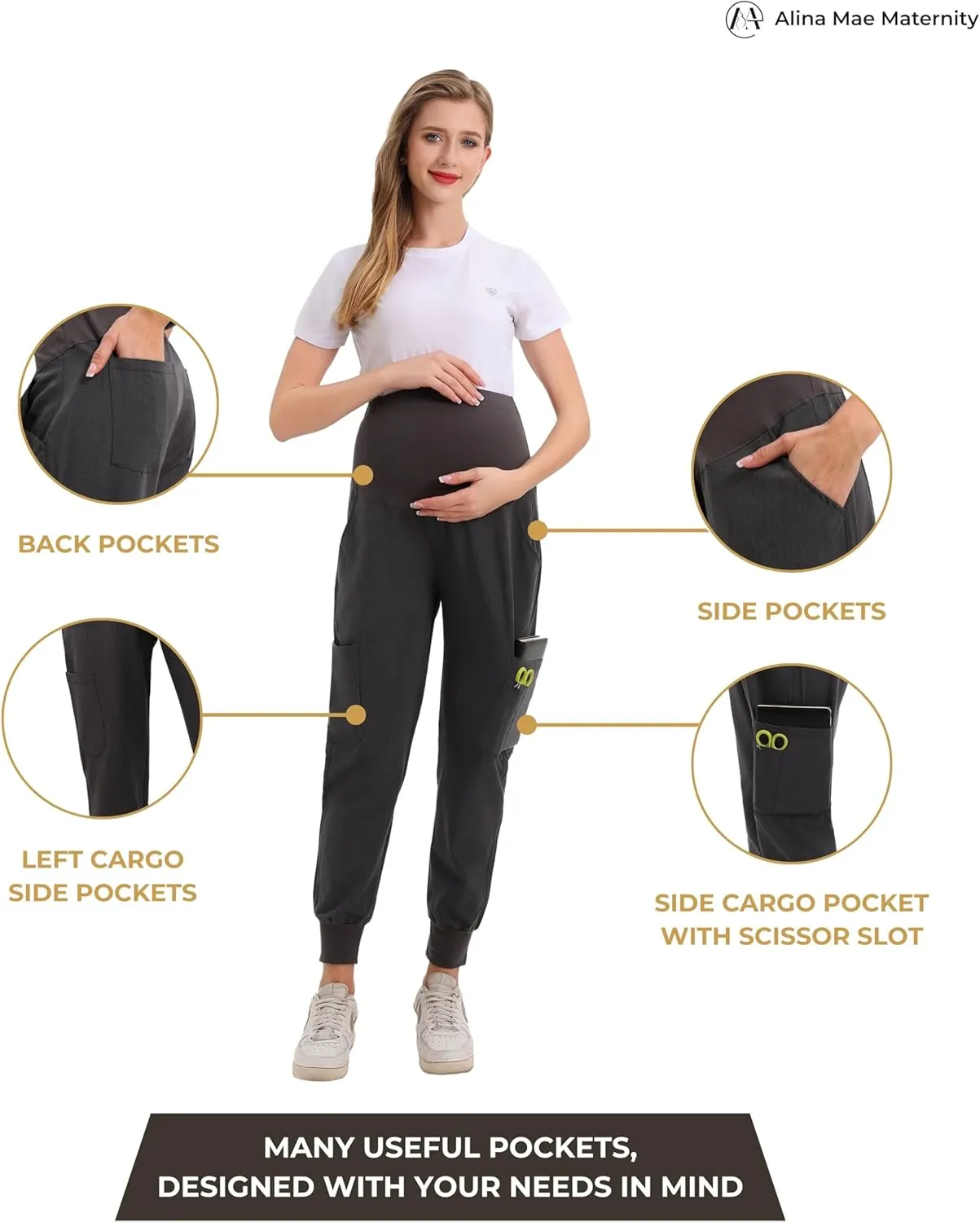 Maternity Scrub Jogger Pants for Women Pregnant Doctor Uniform Pant Nurse Scrub w/ 6 Pockets