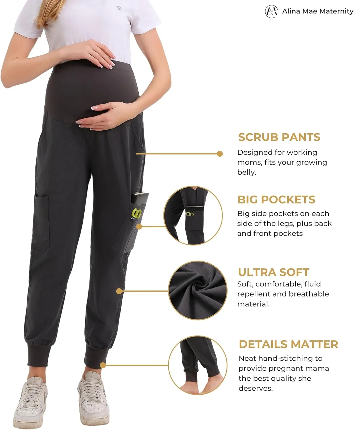 Maternity Scrub Jogger Pants for Women Pregnant Doctor Uniform Pant Nurse Scrub w/ 6 Pockets