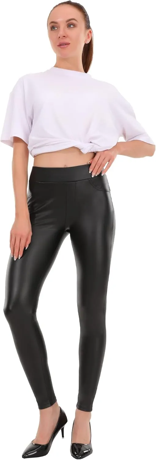 MCEDAR Womens Faux Leather Leggings with Pocket Plus Size Girls High Waisted Sexy Skinny Pants