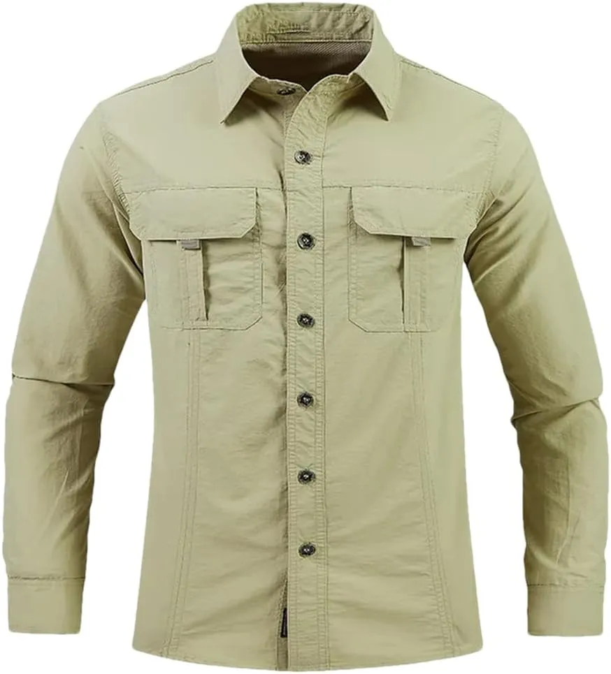 Men Hiking Long Sleeve Cargo Work Shirts Summer Outdoor Quick Dry Fishing Shirt