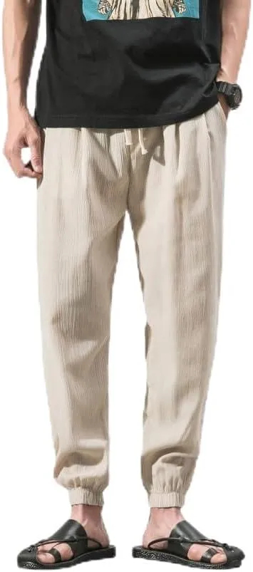 Men Linen Baggy Japanese Pants Fashion Streetwear Harem Pants with Pockets