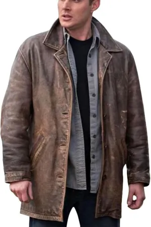 Men's 3/4 Mid Length Genuine Leather Trench Coat - Dean Winchester Vintage Leather Blazer Jacket Car Coat