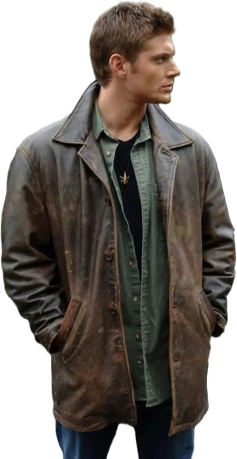 Men's 3/4 Mid Length Genuine Leather Trench Coat - Dean Winchester Vintage Leather Blazer Jacket Car Coat