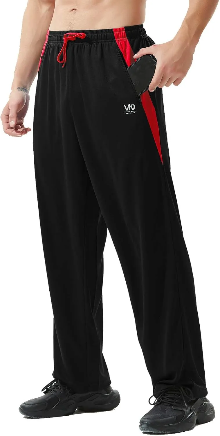 Mens Athletic Pants with Zipper Pockets Open Bottom Lightweight Sweatpants, for Workout, Running, Gym, Training