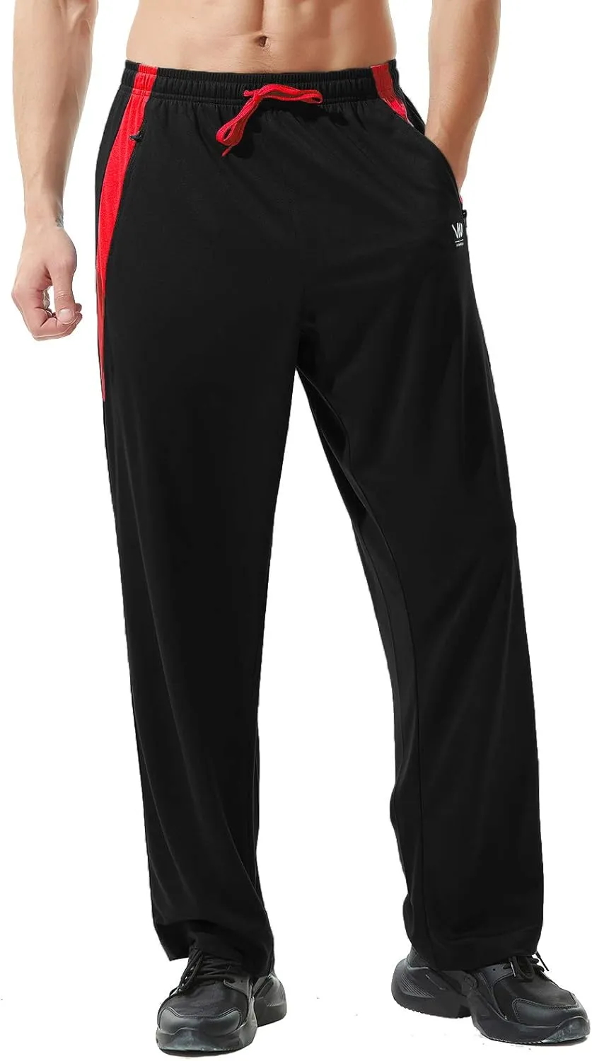 Mens Athletic Pants with Zipper Pockets Open Bottom Lightweight Sweatpants, for Workout, Running, Gym, Training