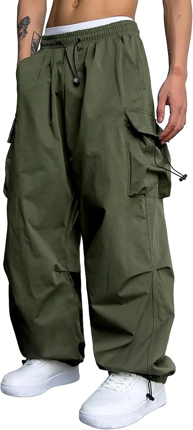 Mens Baggy Cargo Pants, Trendy Casual Sports Parachute Pant, Loose Fit Harem Joggers with Pockets for Streetwear