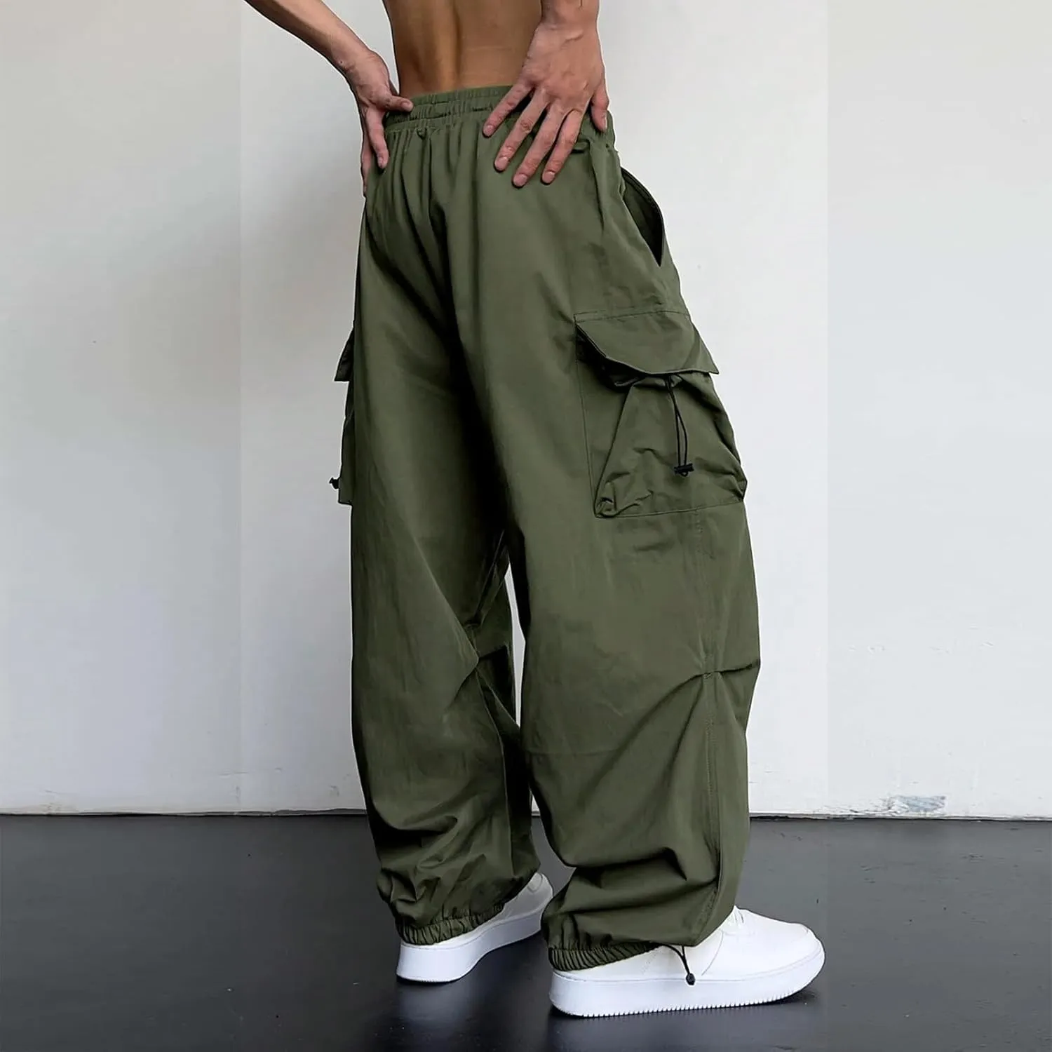 Mens Baggy Cargo Pants, Trendy Casual Sports Parachute Pant, Loose Fit Harem Joggers with Pockets for Streetwear