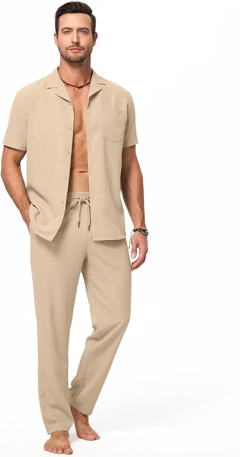 Men's Beach Outfit 2 Piece Casual Button Down Shirt Short Sleeve Loose Shirts and Pants Vacation Sets for Men