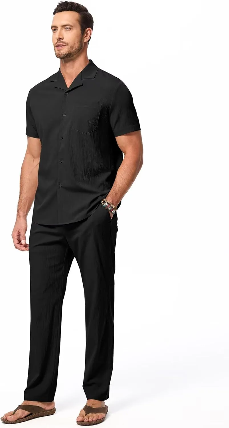 Men's Beach Outfit 2 Piece Casual Button Down Shirt Short Sleeve Loose Shirts and Pants Vacation Sets for Men