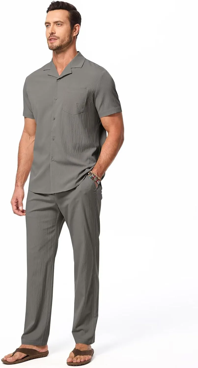 Men's Beach Outfit 2 Piece Casual Button Down Shirt Short Sleeve Loose Shirts and Pants Vacation Sets for Men