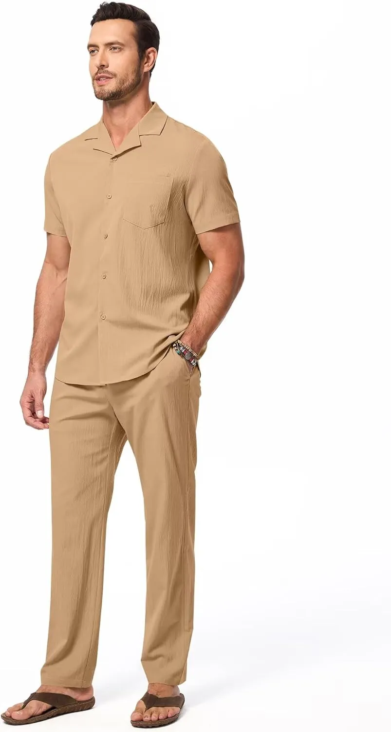 Men's Beach Outfit 2 Piece Casual Button Down Shirt Short Sleeve Loose Shirts and Pants Vacation Sets for Men