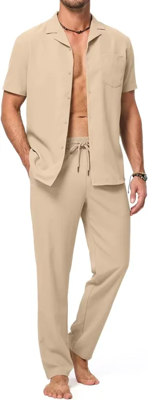 Men's Beach Outfit 2 Piece Casual Button Down Shirt Short Sleeve Loose Shirts and Pants Vacation Sets for Men