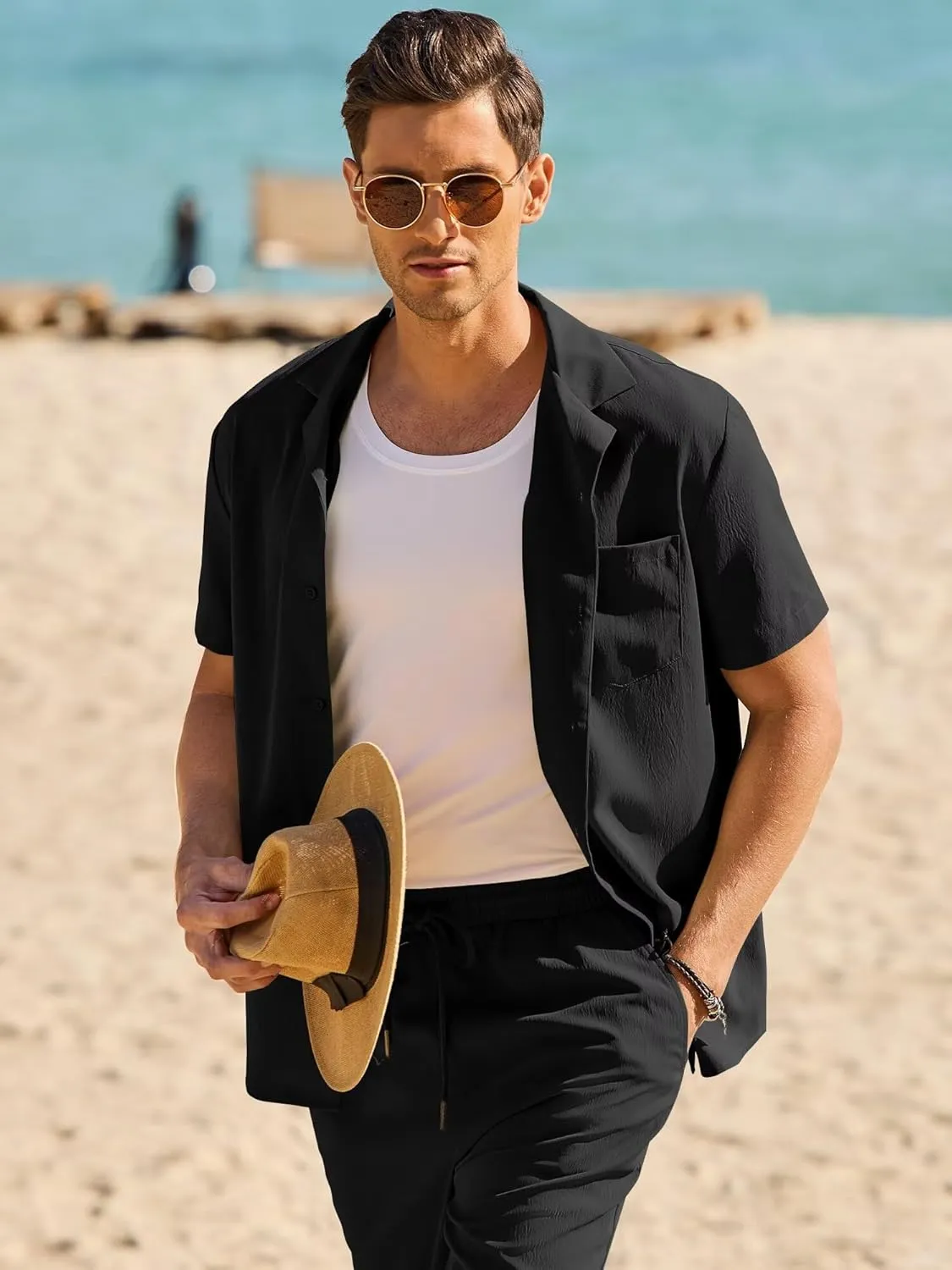 Men's Beach Outfit 2 Piece Casual Button Down Shirt Short Sleeve Loose Shirts and Pants Vacation Sets for Men