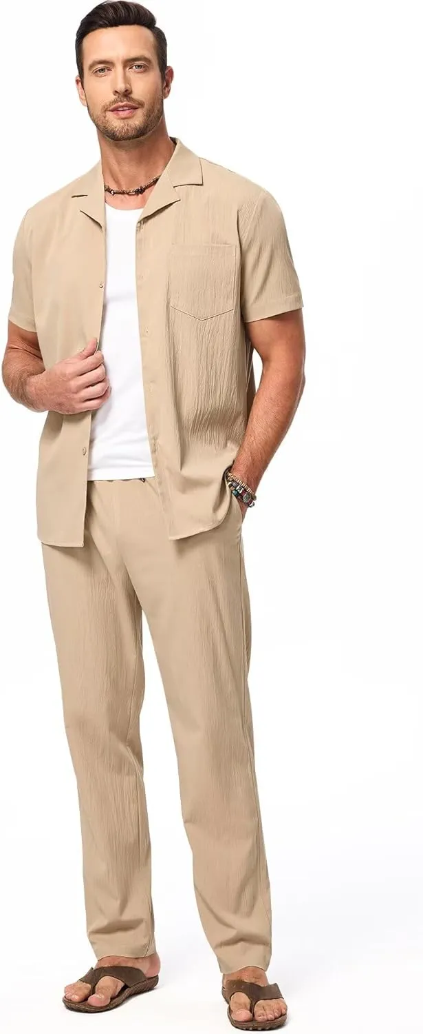 Men's Beach Outfit 2 Piece Casual Button Down Shirt Short Sleeve Loose Shirts and Pants Vacation Sets for Men