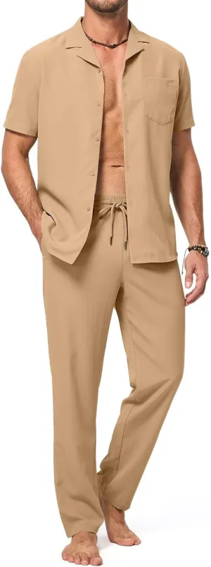 Men's Beach Outfit 2 Piece Casual Button Down Shirt Short Sleeve Loose Shirts and Pants Vacation Sets for Men