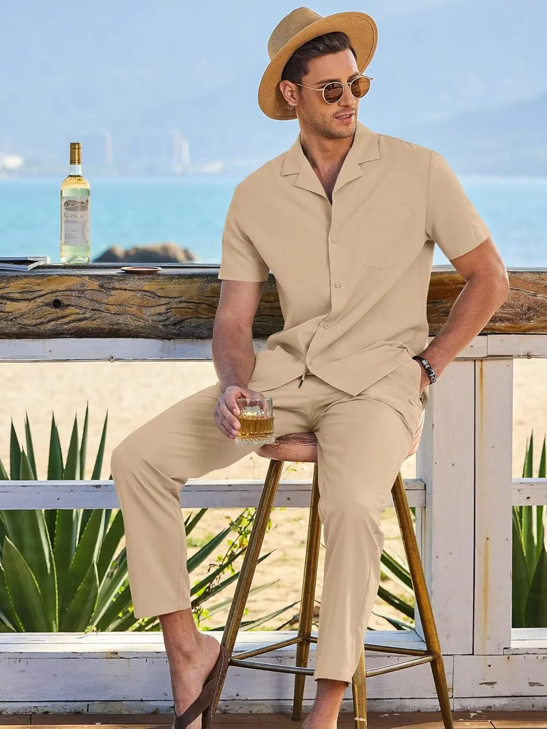 Men's Beach Outfit 2 Piece Casual Button Down Shirt Short Sleeve Loose Shirts and Pants Vacation Sets for Men