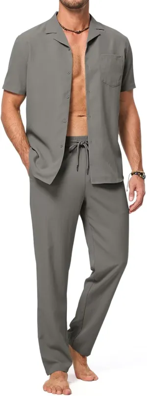 Men's Beach Outfit 2 Piece Casual Button Down Shirt Short Sleeve Loose Shirts and Pants Vacation Sets for Men