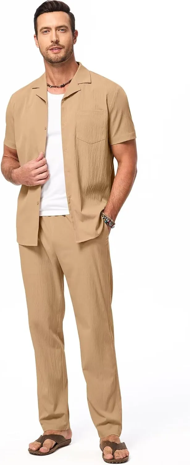 Men's Beach Outfit 2 Piece Casual Button Down Shirt Short Sleeve Loose Shirts and Pants Vacation Sets for Men