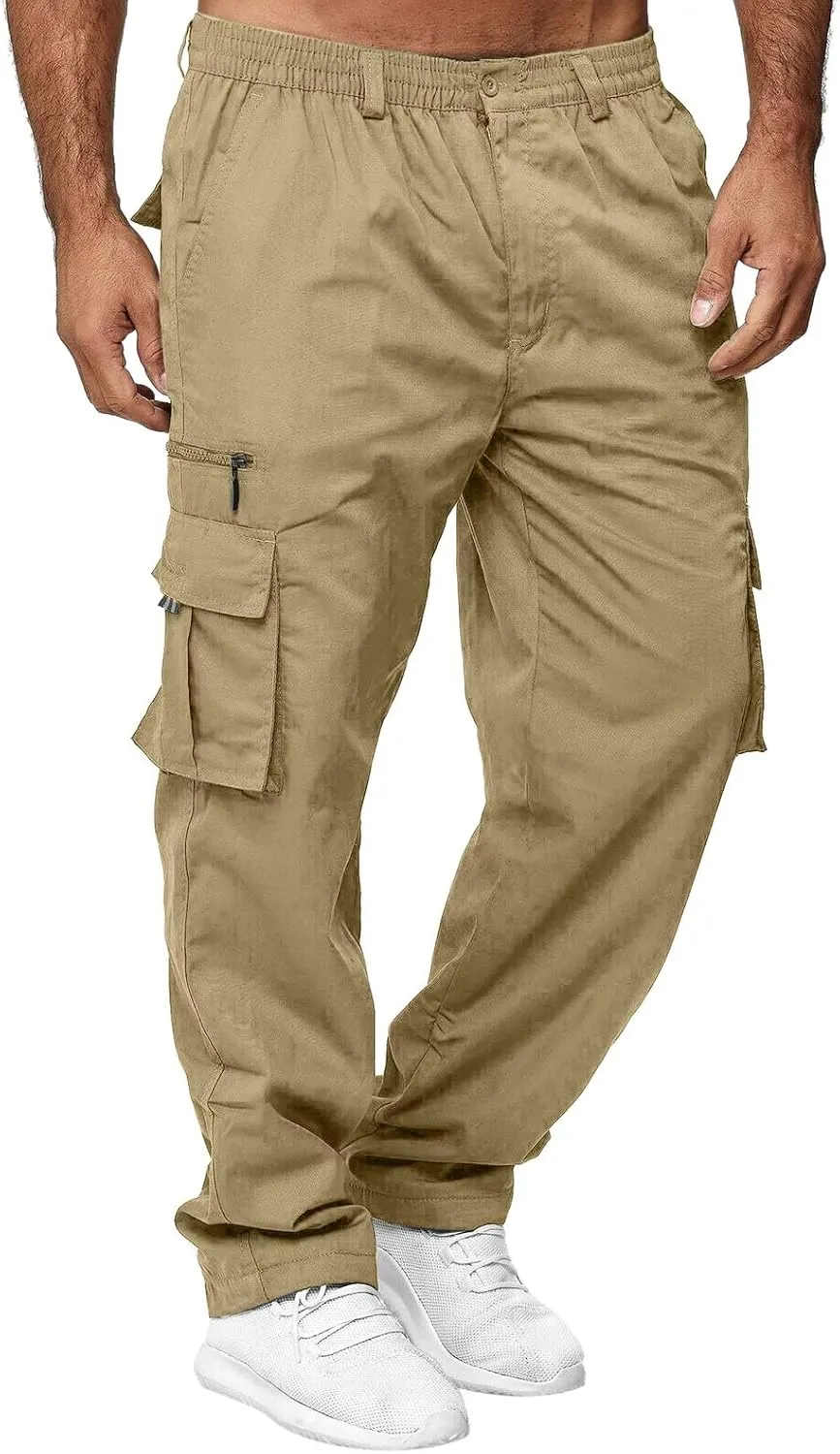 Mens Cargo Pants, Fleece Casual Cotton Jogger Multi Pockets Outdoor Sports Hiking Work Sweatpants, Capris Pants for Men