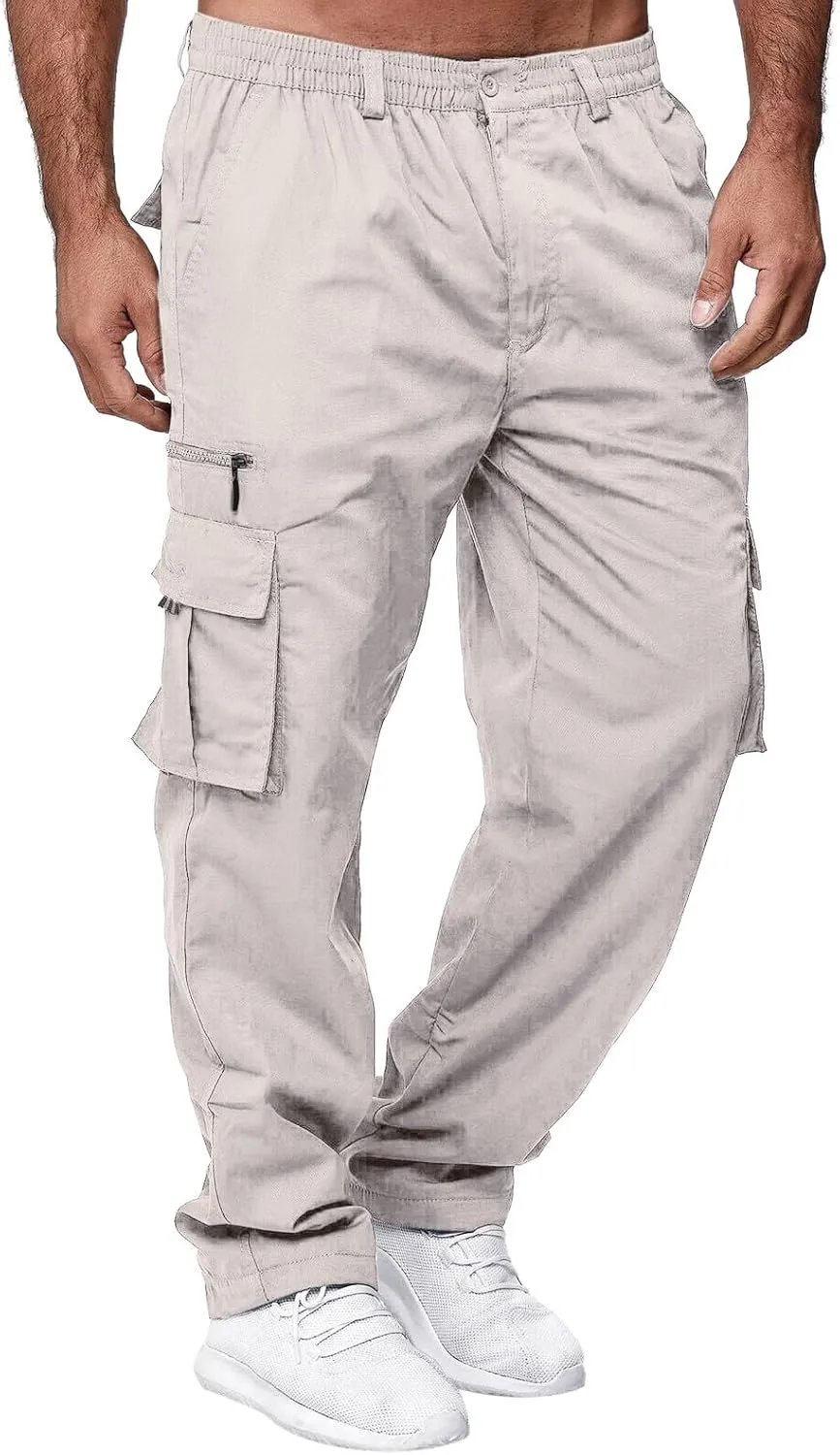 Mens Cargo Pants, Fleece Casual Cotton Jogger Multi Pockets Outdoor Sports Hiking Work Sweatpants, Capris Pants for Men