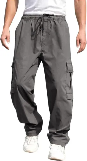 Men's Casual Cargo Pants, Elastic Waist Drawstring Joggers, Outdoor Tapered Sweatpants for Men Multi Pockets