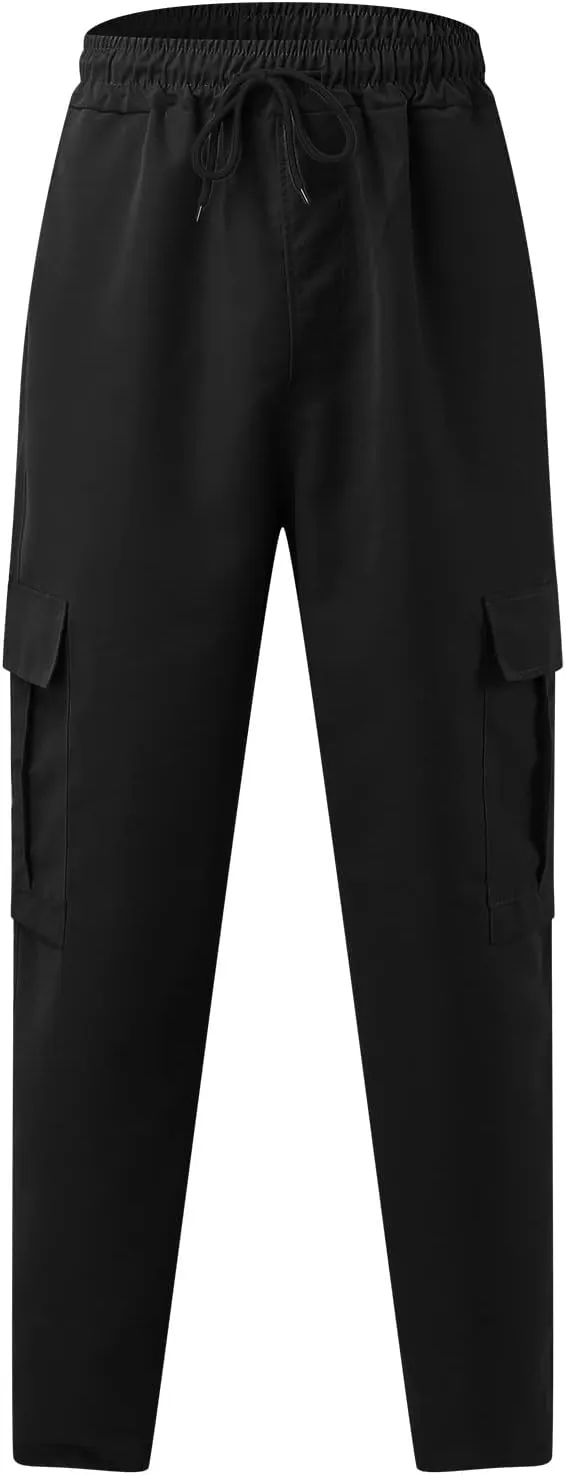 Men's Casual Cargo Pants, Elastic Waist Drawstring Joggers, Outdoor Tapered Sweatpants for Men Multi Pockets