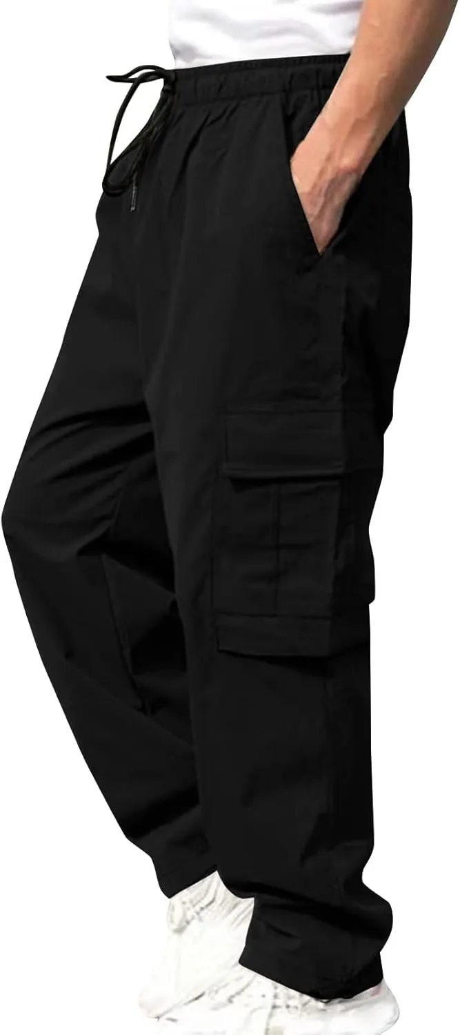 Men's Casual Cargo Pants, Elastic Waist Drawstring Joggers, Outdoor Tapered Sweatpants for Men Multi Pockets