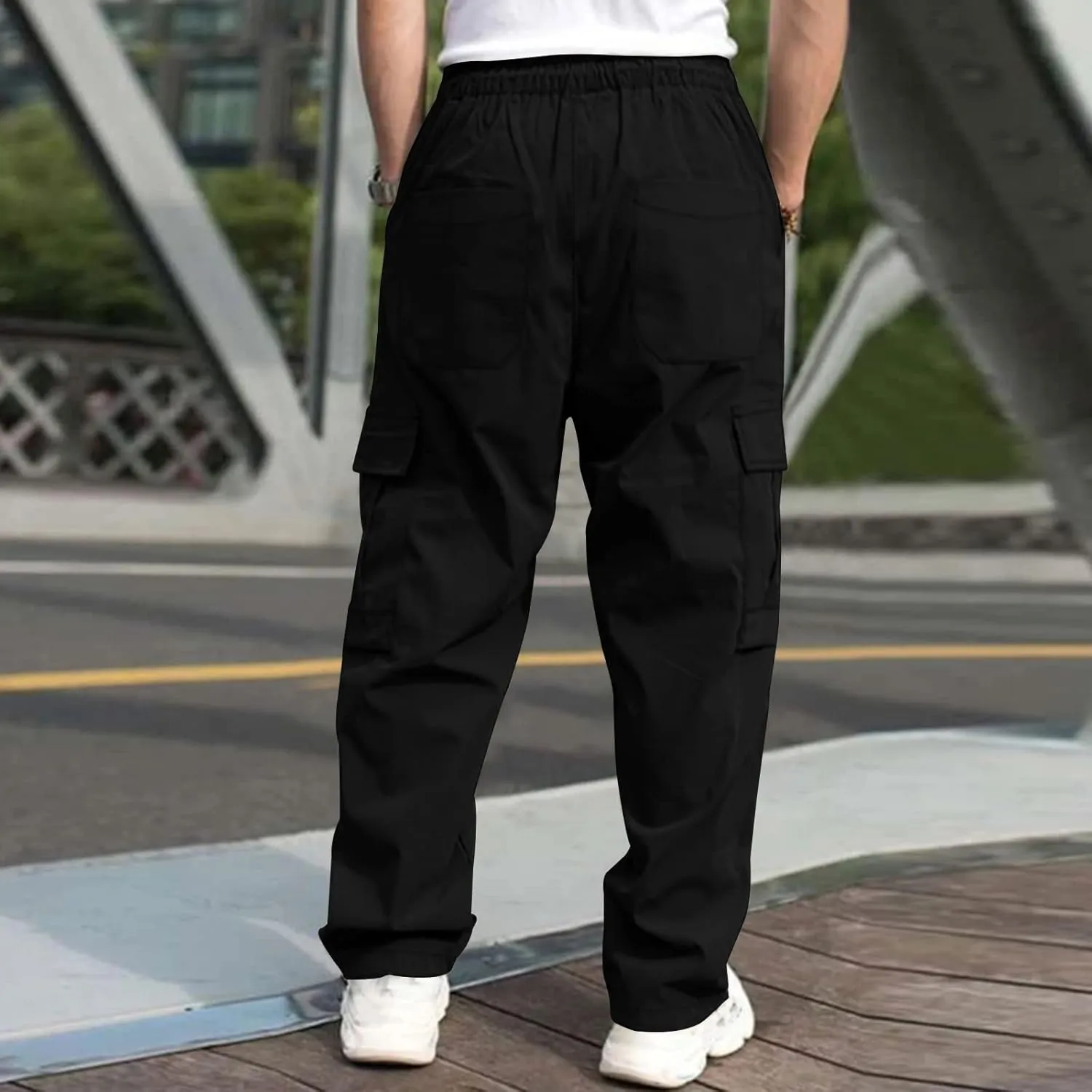 Men's Casual Cargo Pants, Elastic Waist Drawstring Joggers, Outdoor Tapered Sweatpants for Men Multi Pockets