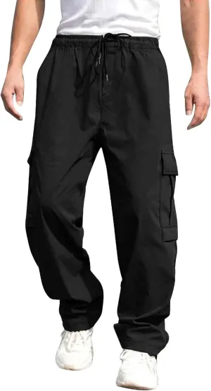 Men's Casual Cargo Pants, Elastic Waist Drawstring Joggers, Outdoor Tapered Sweatpants for Men Multi Pockets