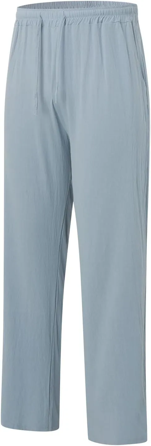 Mens Casual Cotton Pants, Drawstring Pants Men, Lightweight Elastic Waist Summer Beach Trousers Plus Size Pockets