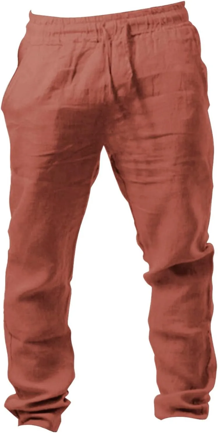 Men's Cotton Linen Casual Loose Fit Elastic Drawstring Waist Summer Beach Pants Joggers Sweatpants, Tactical Pants Men