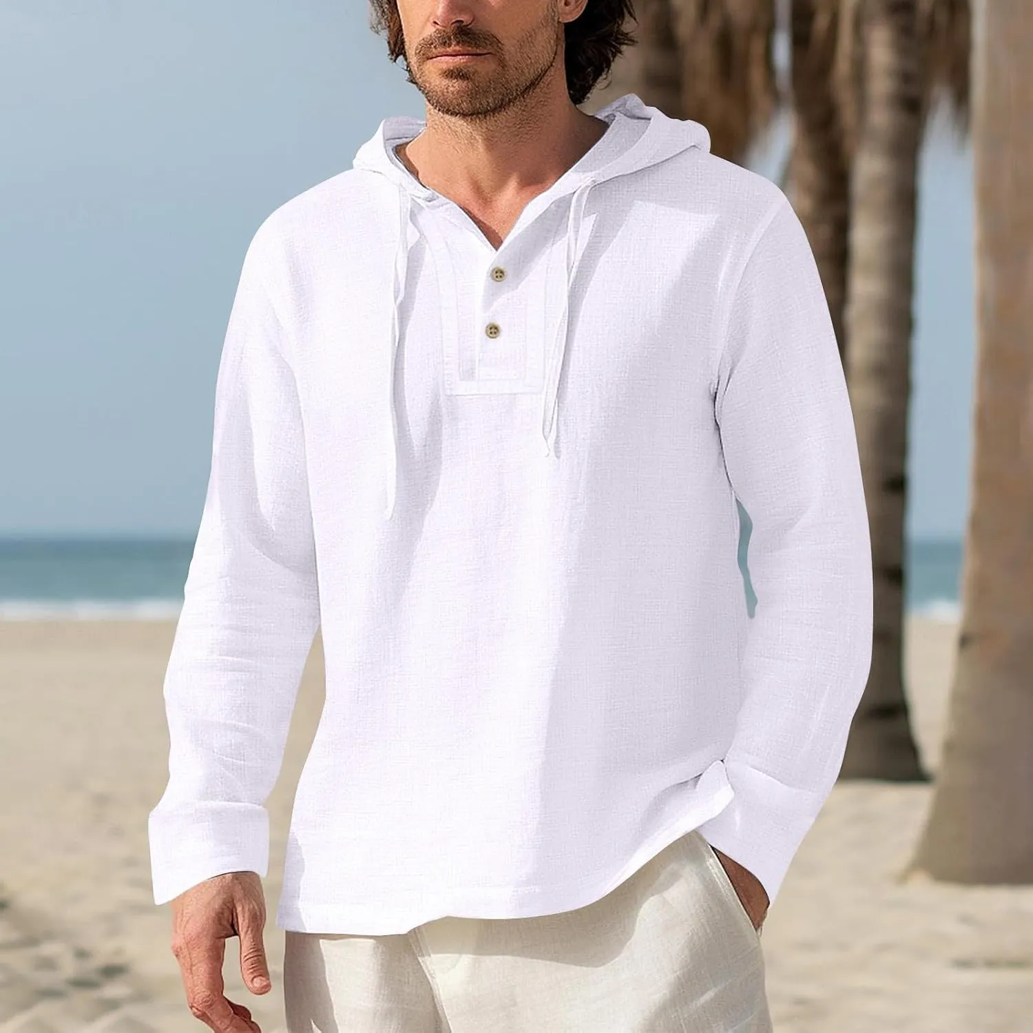 Mens Cotton Linen Hoodies Sun Protection Lightweight Beach Shirt Long Sleeve V Neck Button Down Hooded Shirt