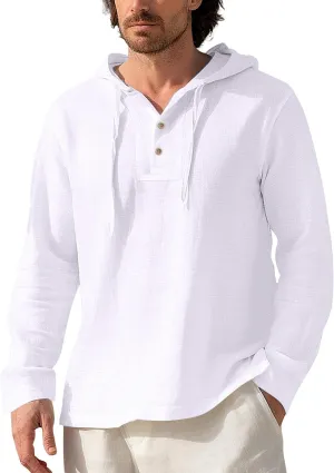 Mens Cotton Linen Hoodies Sun Protection Lightweight Beach Shirt Long Sleeve V Neck Button Down Hooded Shirt