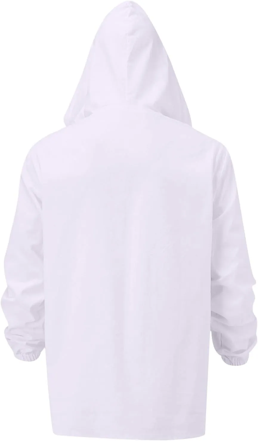 Mens Cotton Linen Hoodies Sun Protection Lightweight Beach Shirt Long Sleeve V Neck Button Down Hooded Shirt