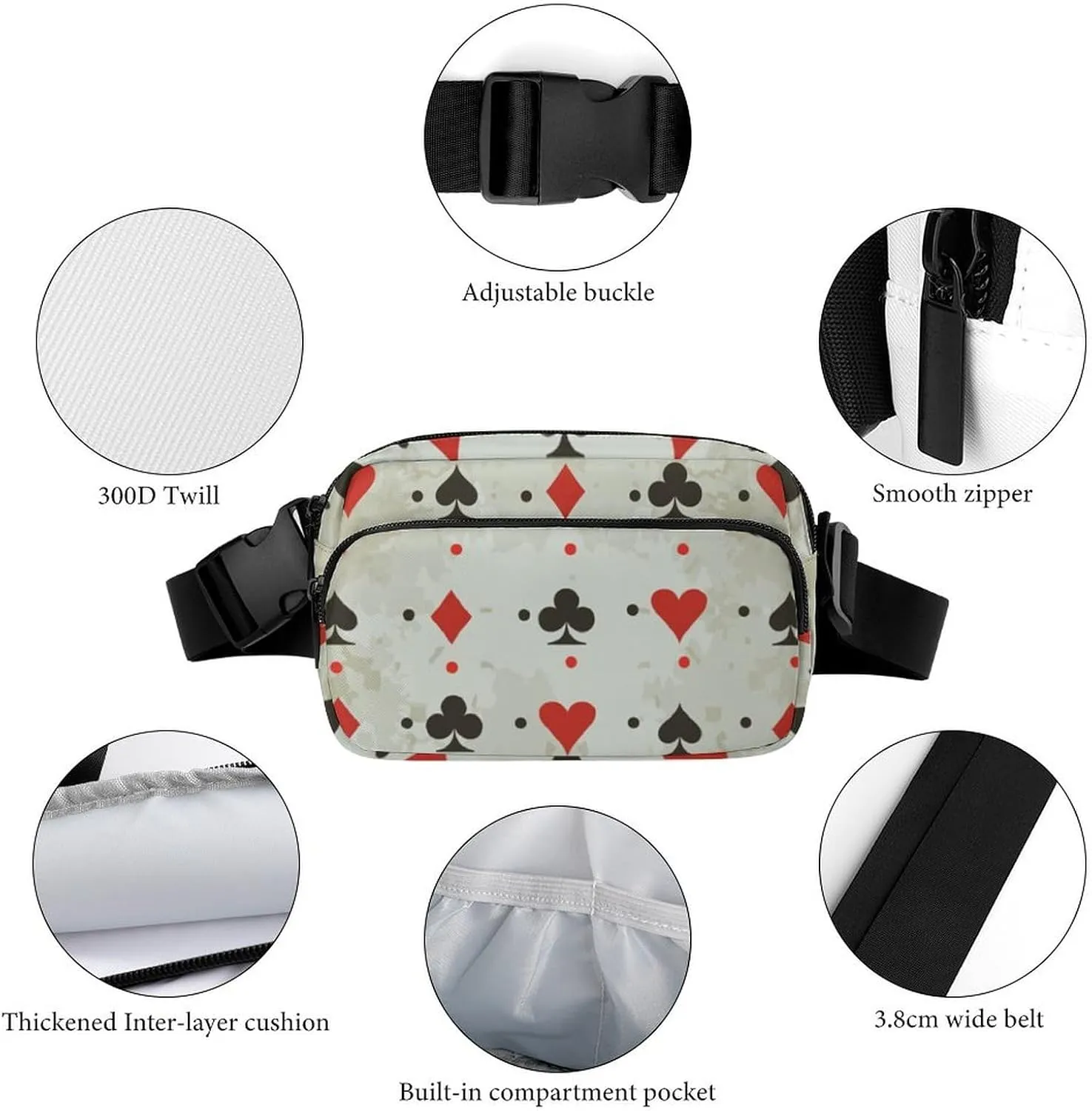 Mens Crossbody Workout Belt Bag Compatible with Poker Card Pattern Water-Resistant Fanny Pack for Hiking/Jogging