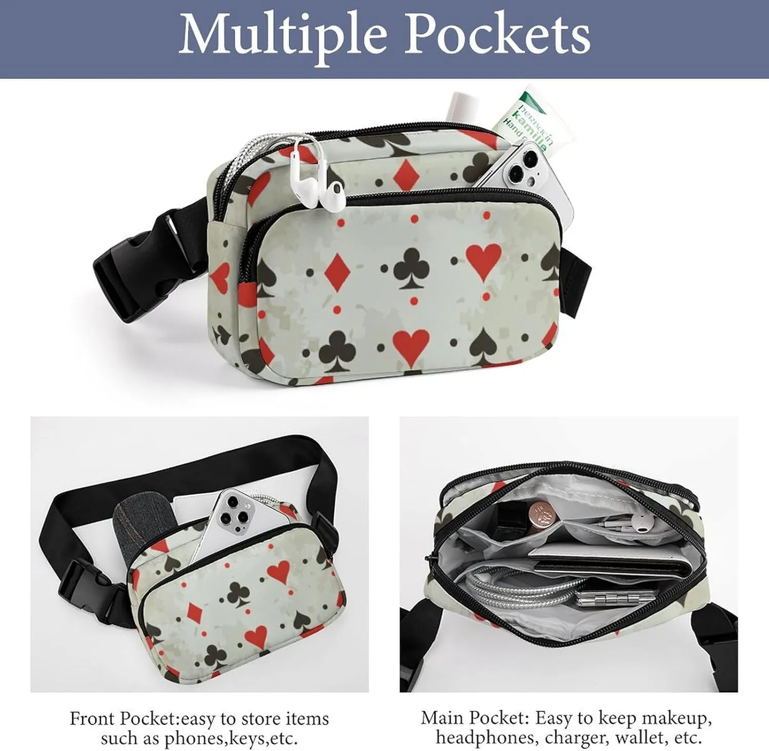 Mens Crossbody Workout Belt Bag Compatible with Poker Card Pattern Water-Resistant Fanny Pack for Hiking/Jogging