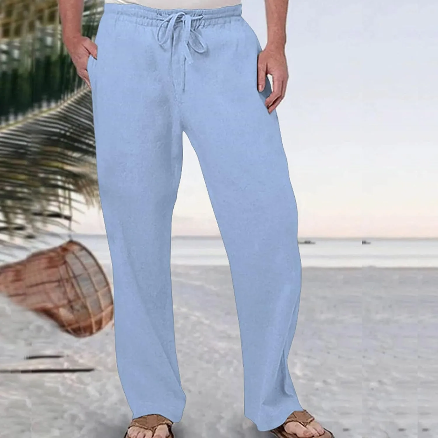 Mens Fashion Casual Solid Color Cotton and Linen Pants Elastic Waist Drawstring Pants Trousers with Pockets