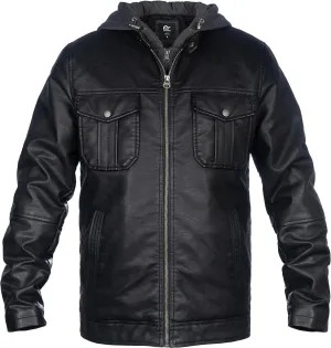 Mens Faux Leather Jacket, Padded Windbreaker, Motorcycle Biker Bomber Coat with Hood