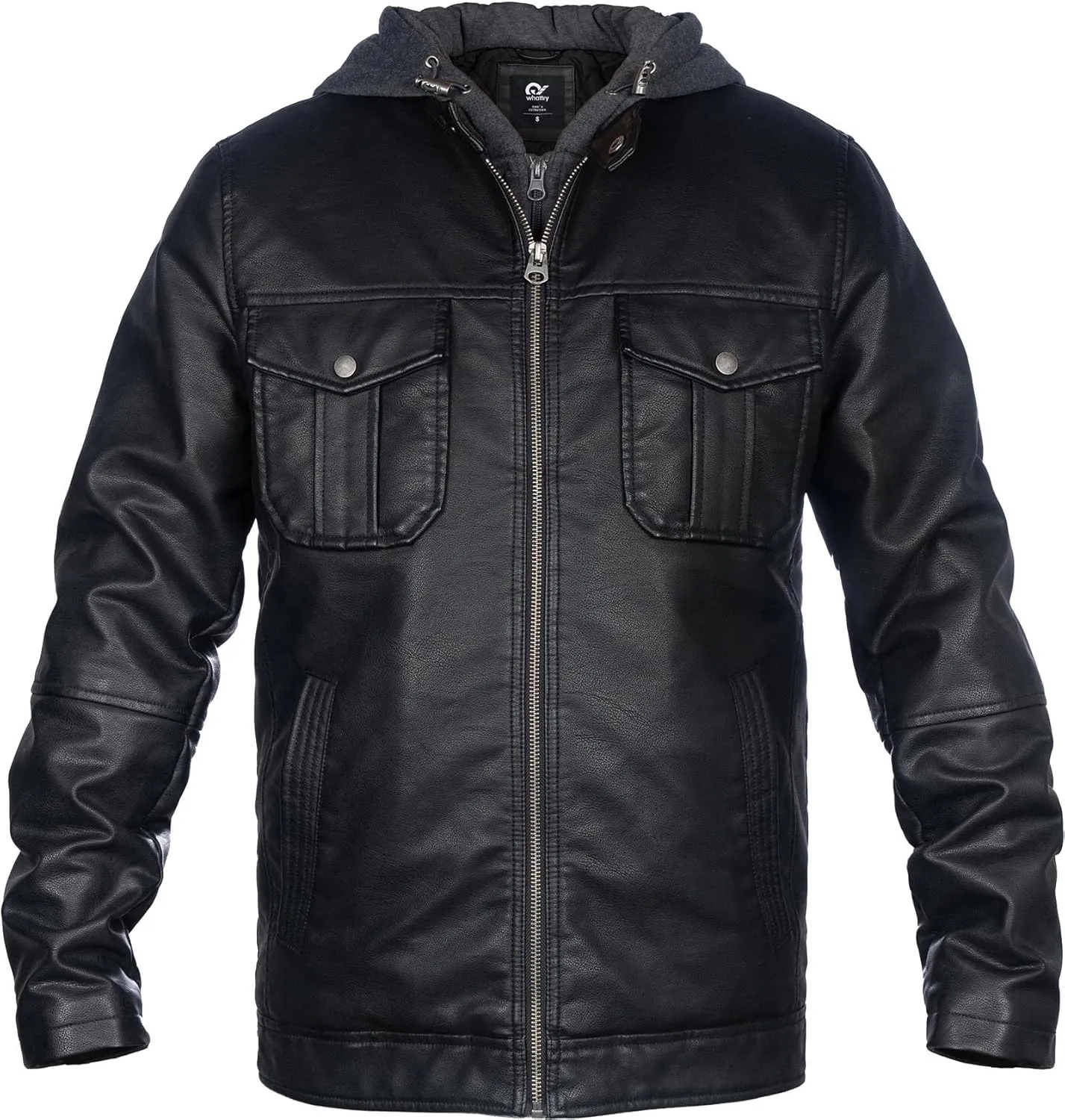 Mens Faux Leather Jacket, Padded Windbreaker, Motorcycle Biker Bomber Coat with Hood