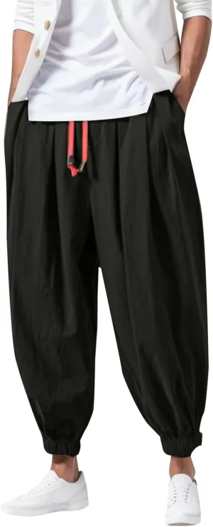Mens Harem Pants, Casual Elastic Waist Drawstring Baggy Pants, Summer Solid Color Hippie Hip Hop Lightweight Trousers
