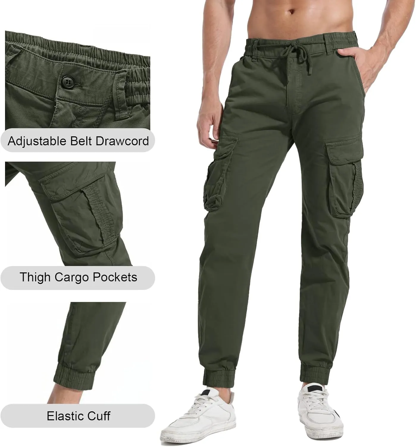 Men's Hiking Cargo Pants Joggers Slim Fit Stretch Lightweight Casual Work Pants with Pockets Drawstring Waist