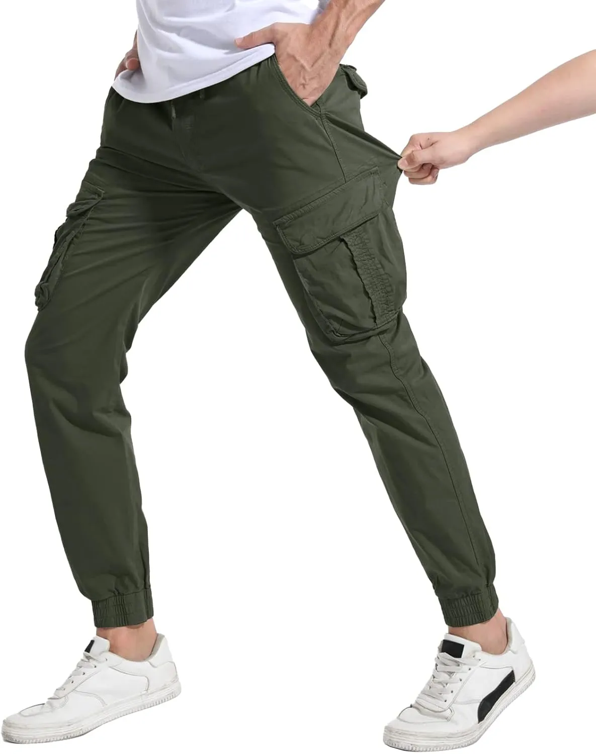 Men's Hiking Cargo Pants Joggers Slim Fit Stretch Lightweight Casual Work Pants with Pockets Drawstring Waist