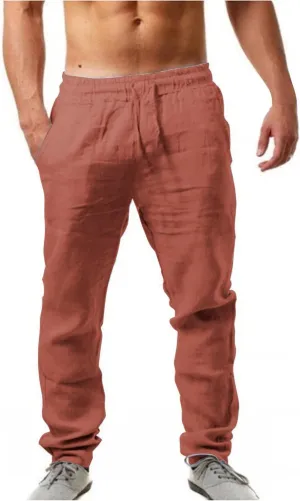 Men's Linen Pants, Casual Lightweight Beach Summer Pants Elastic Waist Workout Slim Fit Trousers, Sweatpants for Mens