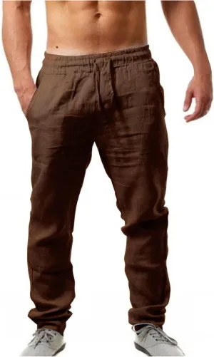 Mens Linen Pants, Drawstring Casual Loose Fit Beach Summer Pants, Solid Color Breathable Lightweight Trousers Yoga Pants