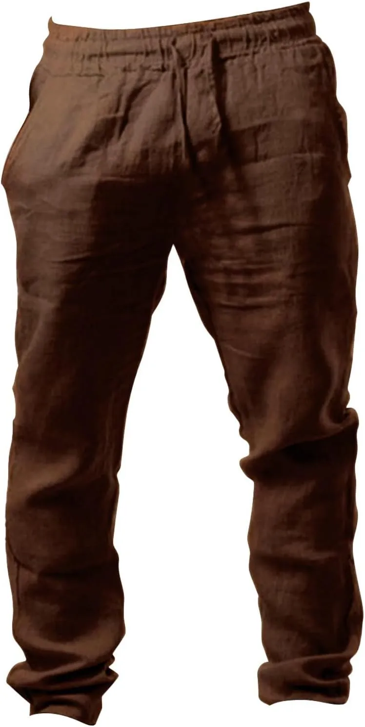 Mens Linen Pants, Drawstring Casual Loose Fit Beach Summer Pants, Solid Color Breathable Lightweight Trousers Yoga Pants