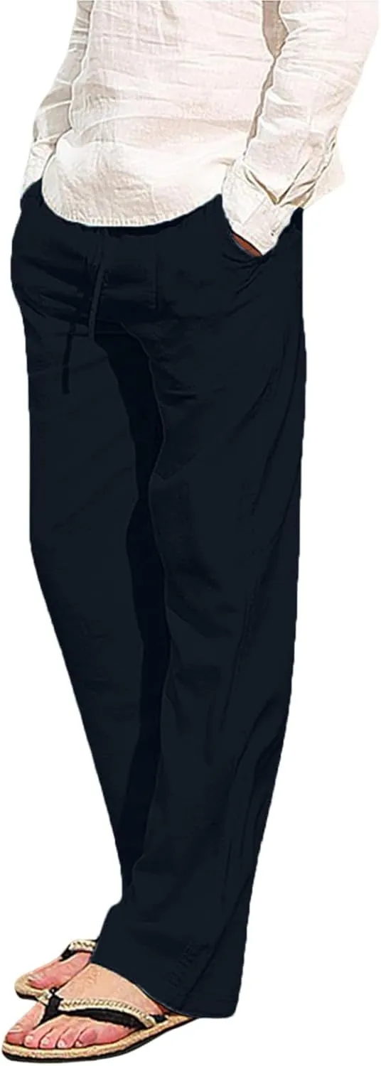 Mens Linen Pants, Drawstring Casual Loose Fit Beach Summer Pants, Solid Color Breathable Lightweight Trousers Yoga Pants