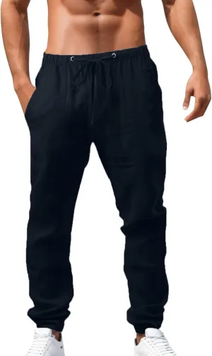 Mens Linen Pants, Drawstring Casual Loose Fit Beach Summer Pants, Solid Color Breathable Lightweight Trousers Yoga Pants