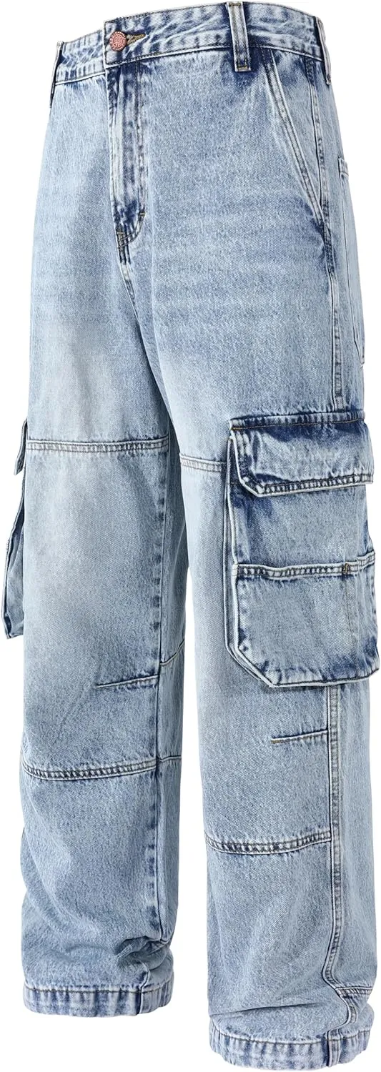 Men's Non-Stretch Loose Fit Wide-Leg Baggy Cargo Jeans Pants