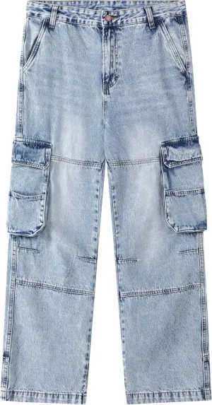 Men's Non-Stretch Loose Fit Wide-Leg Baggy Cargo Jeans Pants